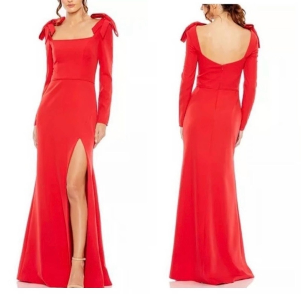 Ieena For Mac Duggal Empire Waist Long Sleeve Red Gown Front Slit Size 10